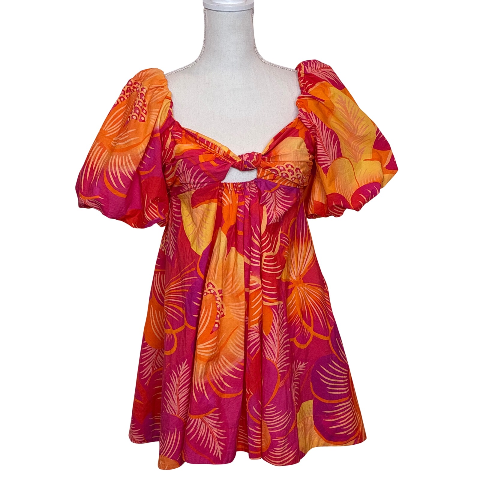 Farm Rio Mini Dress Summer Garden Pink Orange Floral Tropical Puff Sleeve Xs Nwt
